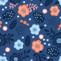 Seamless floral pattern with orange and blue blush flowers elements, leaves branches Royalty Free Stock Photo