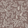 Seamless floral pattern with outline white branches and grey leaves on brown background. Summer/spring pattern. Traditional. Print