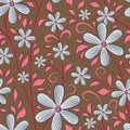 Seamless floral pattern, pale blue flowers, purplish pink leaves, carmine pink stems, brown background