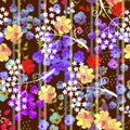 Seamless floral pattern with pansy, cosmos and umbrella flowers and thin strips on dark brown background. Fashionable print