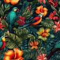 Seamless floral pattern with paradiese birds, tropical flowers and monstera leaves. Generative AI Royalty Free Stock Photo