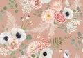 Seamless floral pattern, pastel dry flowers anemone, rose flower, eucalyptus leaves, pampas grass