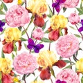 Seamless floral pattern. Peonies pink flowers, iris flower and butterflies. Watercolor