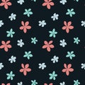 Seamless floral pattern with of pink and blue plumeria flowers on black background. Vector illustration