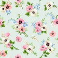 Seamless floral pattern with pink, blue, and white flowers on green. Vector illustration Royalty Free Stock Photo