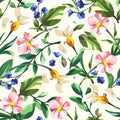 Seamless floral pattern with pink, blue, and white flowers on white. Vector floral background Royalty Free Stock Photo