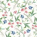 Seamless floral pattern with pink, blue, and white flowers. Vector illustration. Royalty Free Stock Photo