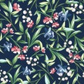 Seamless floral pattern with pink, blue, and white flowers. Vector illustration Royalty Free Stock Photo