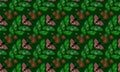 Seamless floral pattern with pink flowers, green leaves and butterflies on dark background Royalty Free Stock Photo