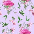 Seamless floral pattern with pink peonies, anemones, eucalyptus.