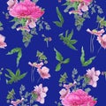 Seamless floral pattern with pink peonies, anemones, eucalyptus.