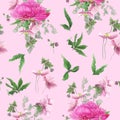 Seamless floral pattern with pink peonies, anemones, eucalyptus.