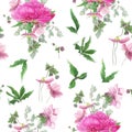 Seamless floral pattern with pink peonies, anemones, eucalyptus.