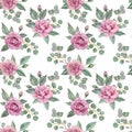 Seamless floral pattern with pink roses and green leaves of eucalyptus. Watercolor illustration. Royalty Free Stock Photo