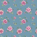 Seamless floral pattern with pink roses and green leaves. Watercolor illustration Royalty Free Stock Photo