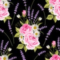 Seamless floral pattern with pink roses and lavenders on black background