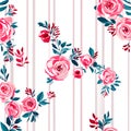 Seamless floral pattern with pink roses on white stripes background.  AI generated Royalty Free Stock Photo