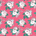 Seamless floral pattern, retro style flower ornament with large bouquets, white flowers on pink. Vector Royalty Free Stock Photo