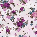 Seamless floral pattern with purple and pink roses and freesia,