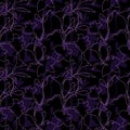Seamless floral pattern. Pattern with purple Silhouette graphics flowers on black background. Alstroemeria. Seamless