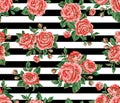 Seamless floral pattern with red and gold glitter roses and peony flowers on black stripes background Royalty Free Stock Photo