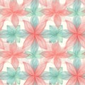 Seamless floral pattern with red and green symmetrical abstract flowers on light background Royalty Free Stock Photo
