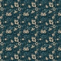 A seamless floral pattern with a red, orange, white, black and blue flowers and leaves on a dark colored background Royalty Free Stock Photo