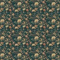 A seamless floral pattern with a red, orange, white, black and blue flowers and leaves on a dark colored background Royalty Free Stock Photo