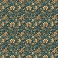 A seamless floral pattern with a red, orange, white, black and blue flowers and leaves on a dark colored background Royalty Free Stock Photo