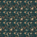 A seamless floral pattern with a red, orange, white, black and blue flowers and leaves on a dark colored background Royalty Free Stock Photo