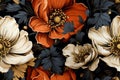 seamless floral pattern with red orange and white flowers on a black background Royalty Free Stock Photo