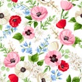 Seamless floral pattern with red, pink, blue and white flowers. Vector illustration. Royalty Free Stock Photo