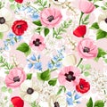 Seamless floral pattern with red, pink, blue, and white flowers. Vector floral print Royalty Free Stock Photo