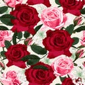 Seamless floral pattern with red and pink roses and white herbs on light mint background. Royalty Free Stock Photo