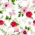 Seamless floral pattern with red, pink, and white flowers. Vector illustration Royalty Free Stock Photo