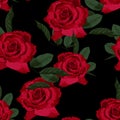 Seamless floral pattern with red roses on black background.