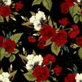 Seamless floral pattern with red roses on black background Royalty Free Stock Photo