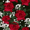 Seamless floral pattern with red roses and white herbs on black background. Royalty Free Stock Photo