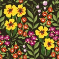 Seamless floral pattern in a retro motif: large yellow wild flowers, small flowers, leaves on green. Vector design. Royalty Free Stock Photo