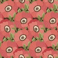 Seamless floral pattern, retro style flower print with large red poppy flowers. Vector botanical design. Royalty Free Stock Photo