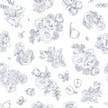 Seamless floral pattern with rose and pear, blue line on white. Hand drawn illustration for fabric, wrapping, prints