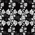 Seamless floral pattern with roses branches. White roses on a black background.