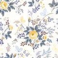 Seamless floral pattern with roses and butterflies on white background