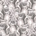 Seamless floral pattern with roses painted by grey (simple) pencil