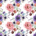 Seamless floral pattern with roses, peones, anemone watercolor. Royalty Free Stock Photo