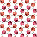 Seamless floral pattern, round elements of bright red and pink tulip flowers with green stems, white background Royalty Free Stock Photo