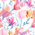 Seamless floral pattern with sakura and magnolies in watercolor style