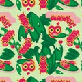 Seamless floral pattern with a set of cartoon worms eating leaves on a light green background.