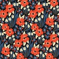 Seamless floral pattern, simple ditsy with folk motifs: small flowers, grass, leaves on a blue field. Vector. Royalty Free Stock Photo