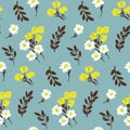 Seamless floral pattern with small flowers in a casual sketch style, flowers on a blue background. Vector illustration Royalty Free Stock Photo